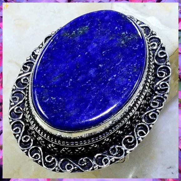 Natural Lapis Lazuli Gemstone Handmade Halo Ring - Picture 3 of 6